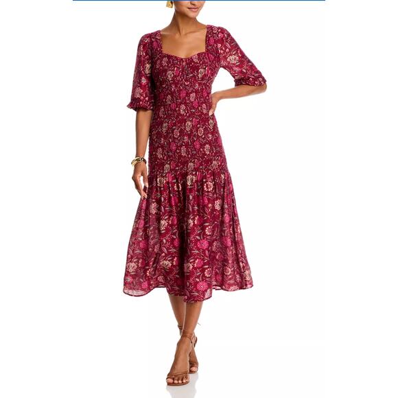 Sea New York 2 Famke $445 Smocked Sweetheart Midi Dress Floral Cottagecore Red